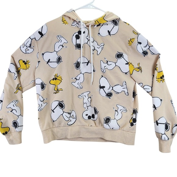 Peanuts Tops - Peanuts Snoopy Woodstock All Over‎ Print Beige Hoodie Sweatshirt Women's XL
